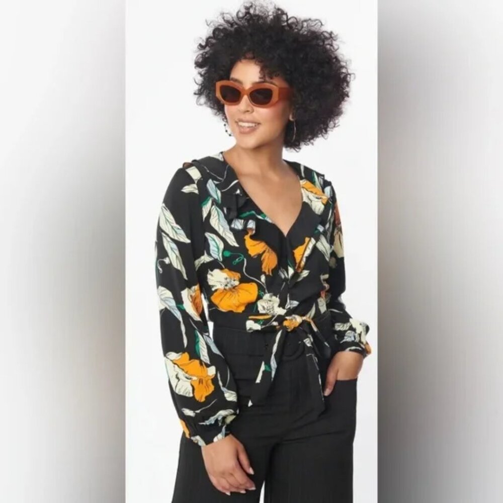 NWT S 4 Unique Vintage Black & Orange Floral “Ruffled & Ready” Crop Top
